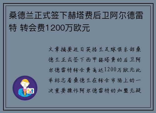 桑德兰正式签下赫塔费后卫阿尔德雷特 转会费1200万欧元