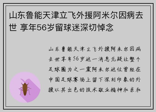 山东鲁能天津立飞外援阿米尔因病去世 享年56岁留球迷深切悼念