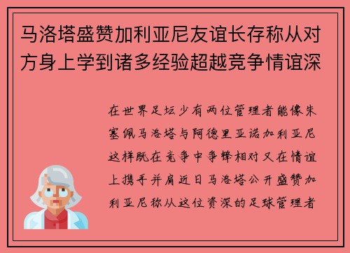 马洛塔盛赞加利亚尼友谊长存称从对方身上学到诸多经验超越竞争情谊深厚
