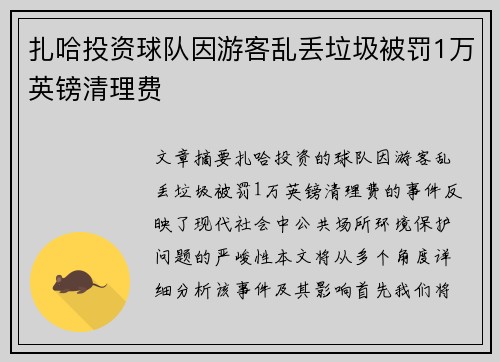 扎哈投资球队因游客乱丢垃圾被罚1万英镑清理费