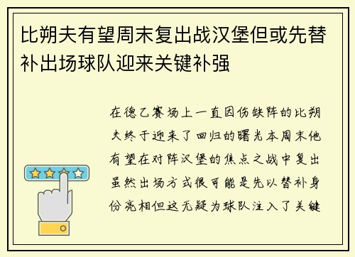 比朔夫有望周末复出战汉堡但或先替补出场球队迎来关键补强
